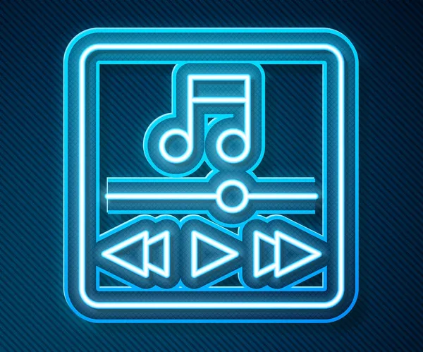 Icono brillante del reproductor de música en línea de neón aislado sobre fondo azul. Dispositivo de música portátil. Vector — Vector de stock