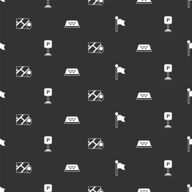 Konum işaretleyicisini, park yerini, şehir haritası navigasyonunun bilgisini ve taksi arabasının çatısını sorunsuz bir şekilde ayarlayın. Vektör