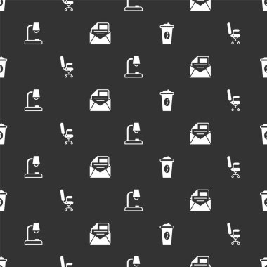 Kahve fincanını paket yap, ofis koltuğu, masa lambası, e-posta ve e-posta. Vektör