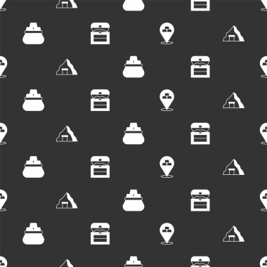 Altın külçeleri, maden, bir çanta dolusu altın ve antika hazine sandığı, kusursuz desenli. Vektör