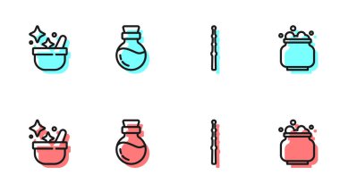 Sihirli değnek, cadı kazanı, iksir ve ikonlu şişe. Vektör