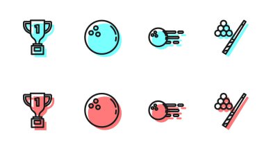 Bowling topu, ödül kupası ve bilardo ıstakası ve ikon. Vektör
