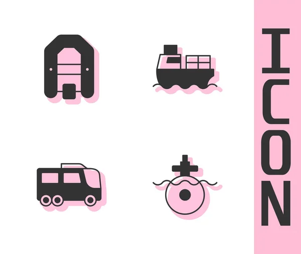 Set Submarino, Rafting barco, ônibus e navio de carga com caixas ícone de entrega. Vetor —  Vetores de Stock