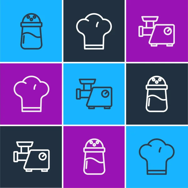 Set-Line Salz, Küchenfleischmühle und Kochmütze-Symbol. Vektor — Stockvektor
