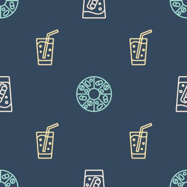 Cama sahte çene, su dolu cam ve kusursuz desenli vitamin hapı koyun. Vektör