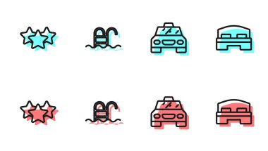 Taksi durağı, yıldız derecesi, yüzme havuzu ve otel odası yatak ikonu. Vektör