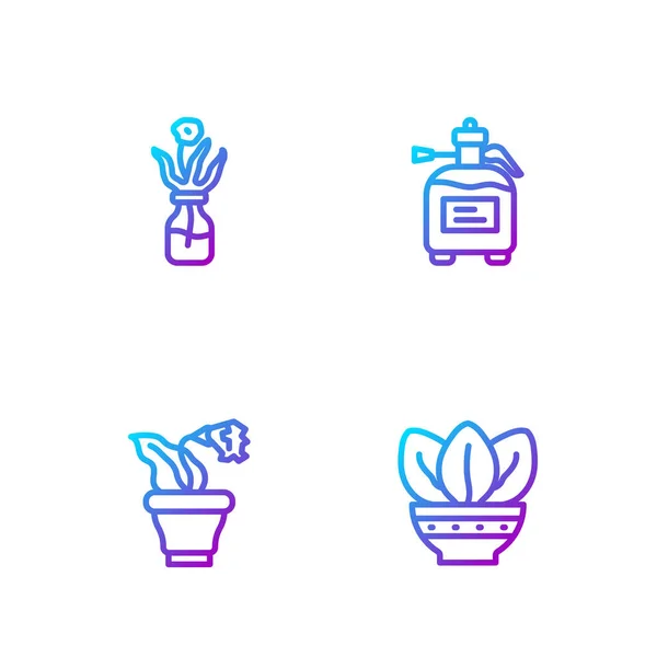 Set line Pflanze im Topf, Blume, Glasflasche und Gartensprüher für Dünger. Farbverlauf-Symbole. Vektor — Stockvektor