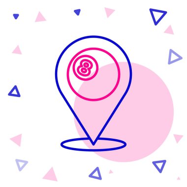 Bilardo bilardo topu ve beyaz arkaplanda 8 numaralı ikon izole edilmiş çizgi haritası işaretçisi. Renkli taslak konsepti. Vektör