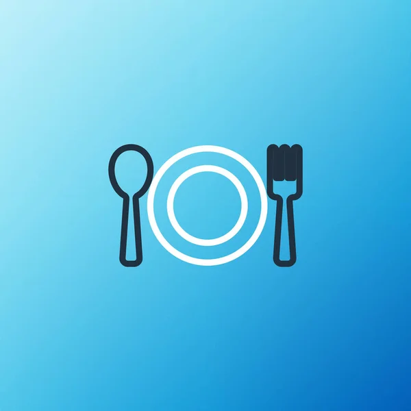 Línea de placa, tenedor y cuchillo icono aislado sobre fondo azul. Símbolo de cubertería. Signo del restaurante. Concepto de esquema colorido. Vector — Archivo Imágenes Vectoriales