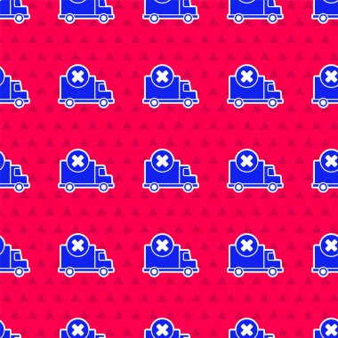 Mavi kargo kamyonu ikonu kırmızı arka planda izole edilmiş. Vektör İllüstrasyonu