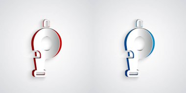 Kağıt kesiği. Gri arkaplanda Whistle simgesi izole edildi. Hakem sembolü. Spor ve spor burcu. Kağıt sanatı tarzı. Vektör