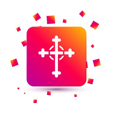 Beyaz arka planda beyaz Hıristiyan haç simgesi izole edildi. Kilise haçı. Kare renk düğmesi. Vektör