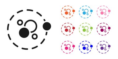 Siyah Atom simgesi beyaz arkaplanda izole edildi. Bilimin, eğitimin, nükleer fiziğin, bilimsel araştırmaların sembolü. Simgeleri renklendirin. Vektör