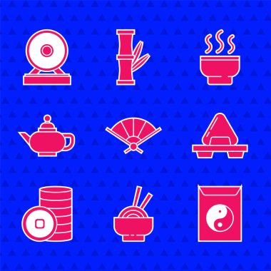 Kağıt Çin porselen fanı, Asya erişte kasesi, Yin Yang ve zarf, kesim tahtasında suşi, Çin Yuan parası, çay seremonisi ve Gong ikonu. Vektör