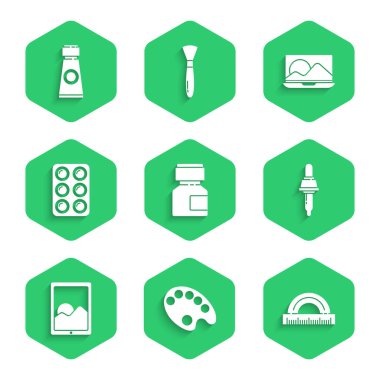 Boya, guaj, kavanoz, boya, palet, iletki, Pipette, grafik tablet, suluboya boya boya kutusu, palet simgesi ile dizüstü bilgisayar ve metro. Vektör