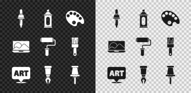Pipette, Marker kalem, Palet, metin sanatıyla konuşma balonu, Çeşme ucu, Push pin, dizüstü bilgisayar ve boya fırçası ikonu. Vektör