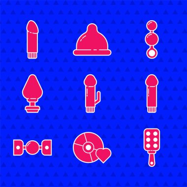 Set Dildo vibrator, Adult label on compact disc, Spanking paddle, Silicone ball gag with belt, Anal plug, beads and icon. Vector