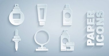 Yuvarlak makyaj aynası, bir şişe şampuan, Pipette, krem losyon kozmetik tüpü ve parfüm ikonu. Vektör