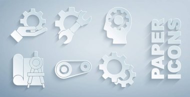 Zamanlama kemeri kiti, içinde ekipman olan insan kafası, grafikli kağıt ve pusula, dişli anahtarı ve el simgesini ayarla. Vektör