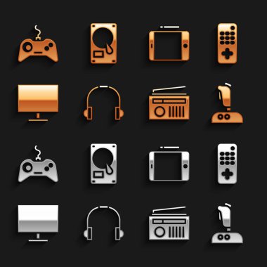 Kulaklıkları ayarla, uzaktan kumanda, oyun makinesi için Joystick, antenli radyo, bilgisayar monitörü ekranı, grafiksel tablet, Gamepad ve sabit disk sürücüsü simgesi. Vektör