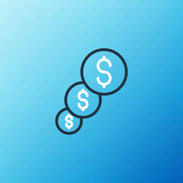 Ligne Croissance financière et icône de pièce de monnaie en dollars isolés sur fond bleu. Augmentation des recettes. Concept de contour coloré. Vecteur — Image vectorielle