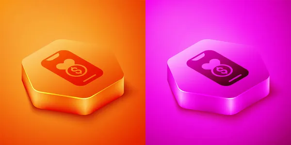 Isometrische Spenden- und Charity-Ikone isoliert auf orangefarbenem und pinkem Hintergrund. Spenden Sie Geld und Charity-Konzept. Sechseck-Taste. Vektor — Stockvektor