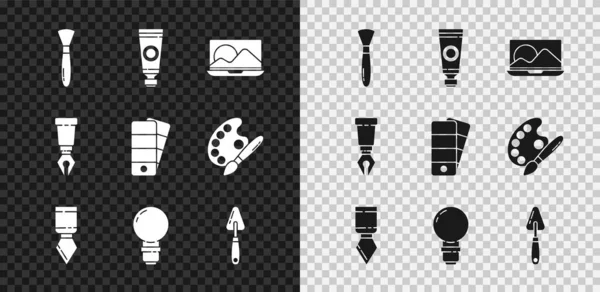 Set Pinsel, Tube mit Farbpalette, Laptop, Palettenmesser, Glühbirne, Füllfederhalter und Icon. Vektor — Stockvektor
