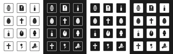Встановіть палаючу свічку, християнський хрест, пасхальне яйце, вітальні листівки з щасливими, на підставці та іконі. Векторні — стоковий вектор