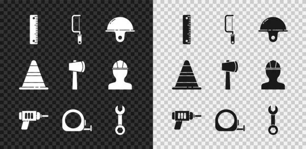 Regla del sistema, sierra de hacha, casco de seguridad del trabajador, máquina de perforación eléctrica, construcción de la ruleta, llave inglesa, cono de tráfico y el icono de hacha de madera. Vector — Archivo Imágenes Vectoriales