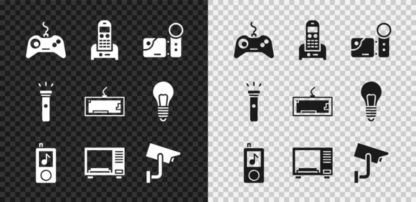 Set Gamepad, Téléphone, Caméra de cinéma, Lecteur de musique, Four à micro-ondes, Sécurité, Lampe de poche et icône de clavier. Vecteur — Image vectorielle