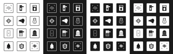 Set Fingerprint med lås, Ansiktsigenkänning, Eye scan, Röst, dörr, Rörelsesensor och Mobile och ansikte ikonen. Vektor — Stock vektor
