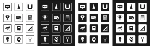 ( 영어 ) Set Magnet, Certificate template, Award cup, Alphabet, Calculator, Ringing bell, Triangular ruler and Telescope icon. Vector — 스톡 벡터