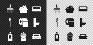 Duş başlığı, sabun köpüklü leğen, temizlik malzemesi şişesi, kova, fırça, diş fırçası ve tuvalet kağıdı rulo ikonu. Vektör