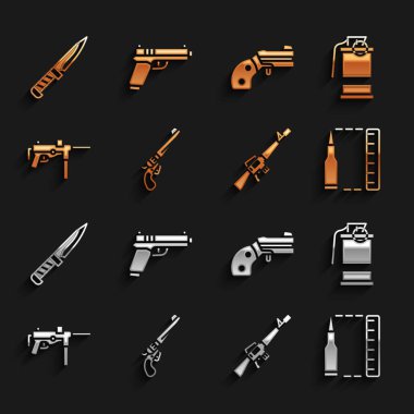 Tabancayı, el bombasını, mermiyi, M16A1 tüfeğini, küçük makineli tüfeği, küçük tabancayı, askeri bıçağı ve ikonu hazırla. Vektör