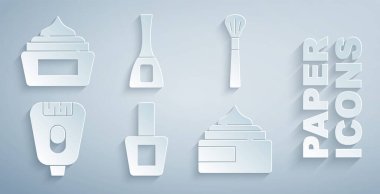 Tırnak cilası şişesi, makyaj fırçası, Epilatör, Krem losyon tüpü ve ikon. Vektör