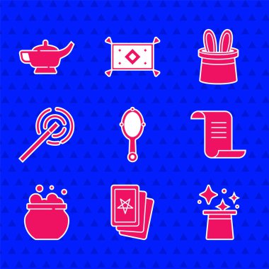 Sihirli el aynası, üç tarot kartı, şapka, Eskiler 'in sihirli kitabı, cadı kazanı, değnek, sihirli tavşan kulağı ve lamba Aladdin ikonu. Vektör