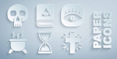 Eski kum saatini kum, mason, cadı kazanı, Hıristiyan haçı, antik büyü kitabı ve Kafatası ikonu ile ayarla. Vektör