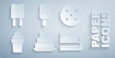 Pasta, kurabiye ya da bisküvi, waffle külahında dondurma, kek dilimi ve ikon. Vektör