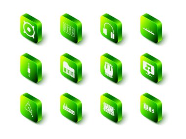 Ses karıştırıcı denetleyici, kulaklıklar, davul ve bagetler, müzik notası, ton, ksilofon ve simge ayarla. Vektör