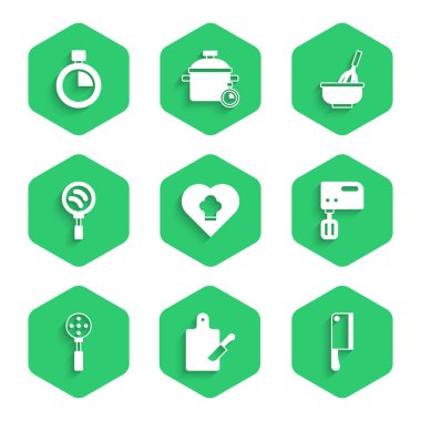 Şef şapkası, kesme tahtası ve bıçak, et helikopteri, elektrikli mikser, Spatula, kızartma tavası, kase ile mutfak çırpma aleti ve Stopwatch ikonu. Vektör