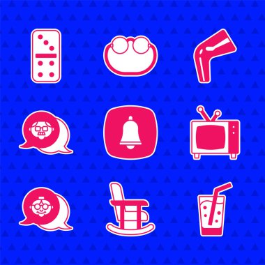 Acil durum çağrısı, sallanan sandalye, su dolu cam, Retro TV, büyükanne, büyükbaba, kemik ağrısı ve Domino ikonu. Vektör