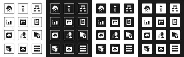 Set Hiërarchie organogram grafiek, Laden van data venster, Data analyse, Cloud technologie overdracht, Server, rapport, Map en slot en pictogram. Vector — Stockvector