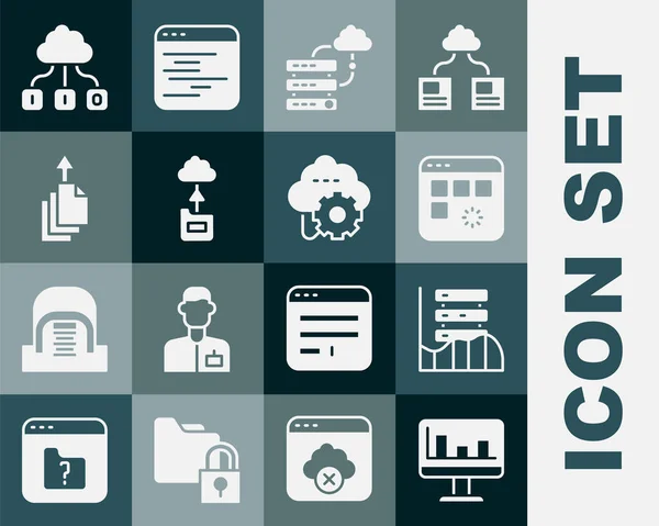 Establezca Monitor con gráfico gráfico, servidor, datos, alojamiento web, ventana de datos de carga, conexión a la nube de red, transferencia de tecnología de nube, exportación e icono. Vector — Vector de stock