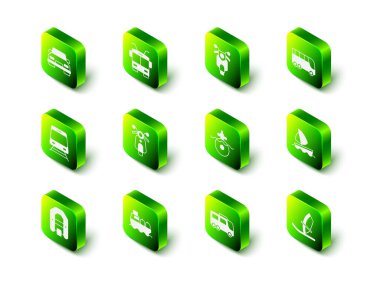 Trolleybus, Scooter, Otobüs, Yat yelkenlisi, rüzgar sörfü, denizaltı ve petrol tankeri ikonu ayarlayın. Vektör