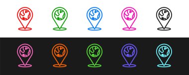 Siyah ve beyaz arkaplanda izole edilmiş dünya simgesinin çizgi konumunu ayarla. Dünya ya da Dünya işareti. Vektör