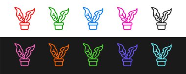 Siyah ve beyaz arkaplanda izole edilmiş çömlek simgesinde çizgi bitkisi oluştur. Tencerede yetişen bir bitki. Saksı bitkisi işareti. Vektör