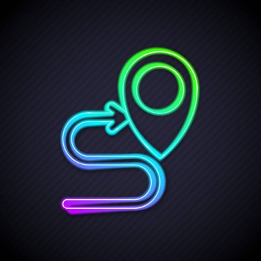 Parlayan neon hattı rota simgesi siyah arkaplanda izole edildi. Harita işaretçisi işareti. Yol ya da yol kavramı. GPS navigatörü. Vektör