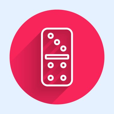 Beyaz çizgi Domino simgesi uzun gölgeli izole edilmiş. Kırmızı daire düğmesi. Vektör