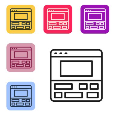 Siyah çizgi video kaydedicisi veya dizüstü bilgisayar simgesindeki düzenleyici yazılımı beyaz arkaplanda izole edildi. Dizüstü bilgisayarda video düzenleme. Renkli kare düğmelerle simgeleri ayarla. Vektör