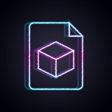 Parlayan neon hattı Isometric küp dosya simgesi siyah arkaplanda izole edildi. Geometrik küp katı simge. 3 boyutlu kare işareti. Kutu sembolü. Vektör
